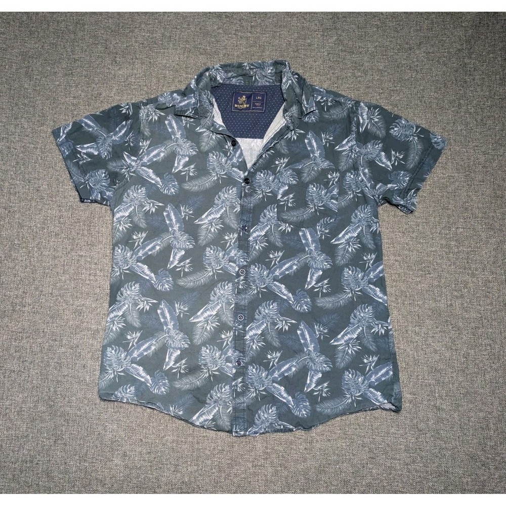 Rugby University Large Short Sleeve Button Up Shirt Plant Design Multicolor Polo
